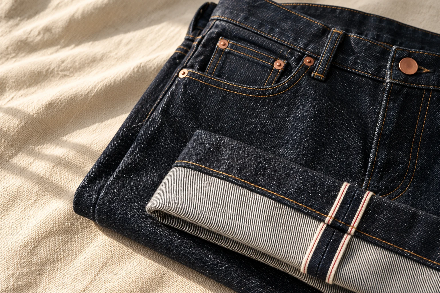 Composition illustrative : jean indigo, surpiqûres cuivrées et revers de denim