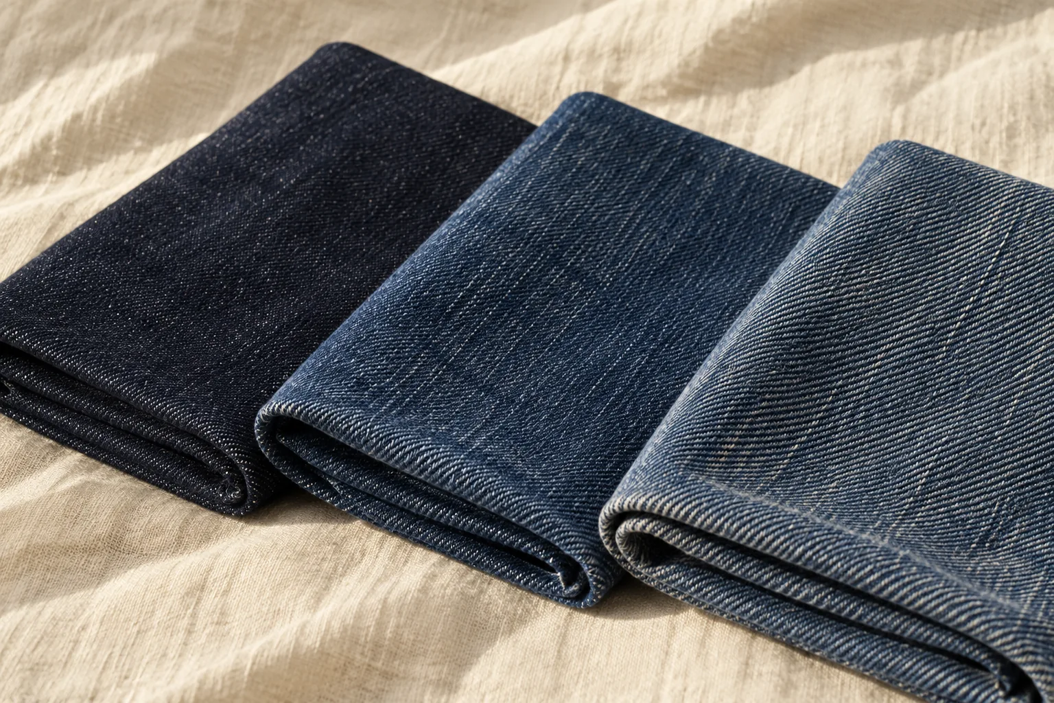 Illustration de trois coupons de denim indigo pliés sur une toile de lin claire.
